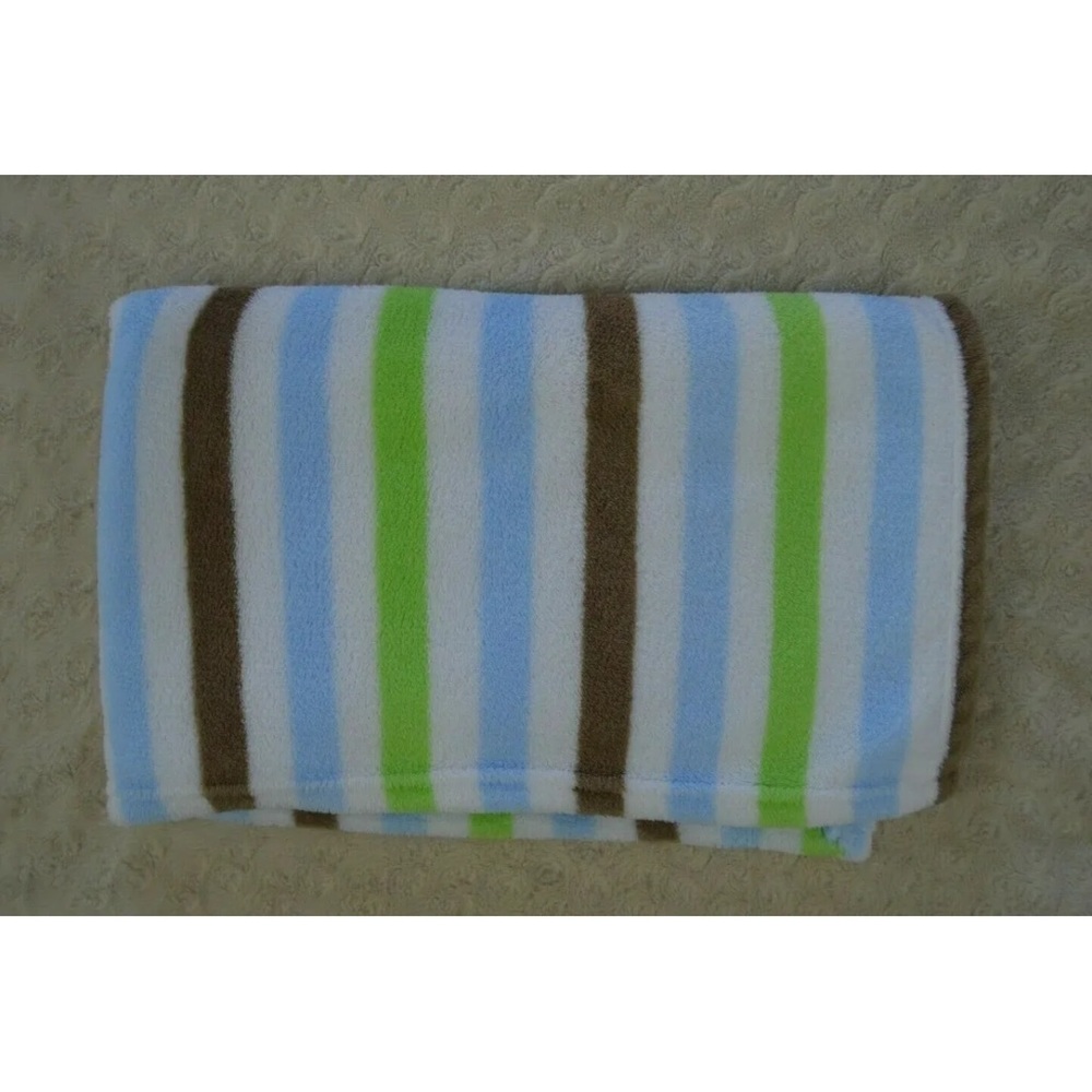 Small Wonders Blue Stripes Baby Blanket White Green Brown Plush Soft Lovey